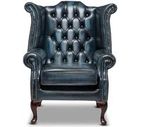 Chesterfield - Sedia Queen Anne con schienale alto, 100% vera pelle blu anticata, fatta a mano, con profondo trapuntatura a bottoni, gambe in mogano e struttura in legno massiccio FSC, artigianato di