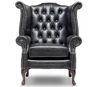 Chesterfield - Sedia Queen Anne con schienale alto, 100% vera pelle nera, fatta a mano con profondo trapuntatura a bottoni, gambe in mogano e telaio in legno massiccio FSC, artigianato di lusso nel
