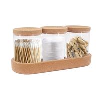 CheurYae Qtip Dispenser con coperchio in sughero e vassoio, 3 pezzi, per tamponi di cotone, cotton fioc, uova, filo interdentale