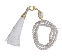 Chewtoyo 2 perline per preghiera musulmana, bianche, 99 perline, perle finte Tasbih con metallo elettrolitico e nappa, 44 cm, rosario con perle finte per regali islamici