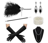 Chewtoyo Kit di accessori da donna anni '20, 8 pezzi, completo di fascia, portasigarette, collana di perle e altro, nero, taglia unica