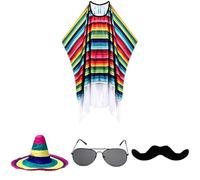 Chewtoyo Set costume messicano Serape Poncho, abito multicolore con frange arcobaleno con cappello Sombrero, occhiali da sole, baffi per feste