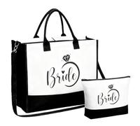 Chewtoyo Set di borse tote in tela da sposa, con grande borsa da 43 cm e borsa per il trucco da 25 cm, borsa tote in tela bianca e nera con cerniera per matrimoni, addio al nubilato