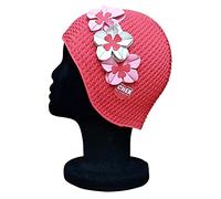 CHEX Rimini,Cappello da nuoto stile vintage a forma di cialda da donna, stile classico, retrò, 3 fiori a contrasto, colore 3D, taglia media, per adulti (rosso/rosa/bianco)