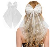 Cheynn JGA Velo da sposa, corto con perline e fiocco, elegante fiocco per capelli, velo da sposa bianco, con fermaglio per capelli, in tulle morbido, per addio al celibato, matrimonio, donna e ragazza