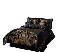 Chezmoi Collection 7-Piece Jacquard Floral Comforter Set Bed-in-a-Bag Set, Black, Queen