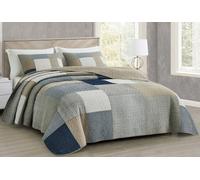 Chezmoi Collection Addy - Set di 3 pezzi con trapunta patchwork scozzese a quadri blu navy, bianco, grigio, tortora, copriletto in cotone prelavato, copriletto leggero reversibile, queen size