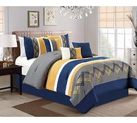 Chezmoi Collection Arden - Set di biancheria da letto moderno con motivo a zigzag, 7 pezzi, motivo a righe plissettate ricamate (king size, blu navy/grigio/giallo/bianco)