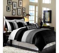 Chezmoi Collection Loft - Set di biancheria da letto a righe, 8 pezzi, colore: nero/grigio/bianco