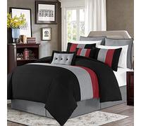 Chezmoi Collection Loft - Set di biancheria da letto a righe, 8 pezzi, colore: rosso/nero/grigio