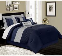 Chezmoi Collection Loft - Set di biancheria da letto a righe, 8 pezzi, misura Queen, blu navy, grigio, blu