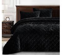 Chezmoi Collection Lux - Set di biancheria da letto oversize in velluto nero, 3 pezzi, in velluto invecchiato, per tutte le stagioni, leggero, retro in microfibra spazzolata con punto a diamante