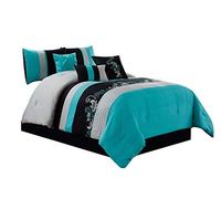 Chezmoi Collection Napa - Set copripiumino da 7 pezzi, con foglie ricamate, queensize, colore: Blu/Verde/Grigio/Nero