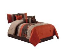 Chezmoi Collection Napa - Set di biancheria da letto da 7 pezzi con foglie autunnali ricamate (Queen, arancione ruggine/marrone/tortora)