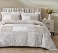 Chezmoi Collection, Quinn, Set di 3 pezzi di trapunta patchwork a righe e fiori di ibisco, in cotone prelavato, copriletto leggero e reversibile, per letto super queen size, grigio tortora/bianco