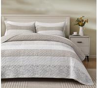 Chezmoi Collection Robyn, set di 3 pezzi con trapunta trapuntata a righe con fiori di ibisco e fiori di ibisco, in cotone prelavato, copriletto leggero reversibile, king size