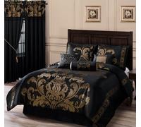 Chezmoi Collection Royale - Set di biancheria da letto in jacquard con motivo floreale, 7 pezzi, oversize, colore: nero/oro