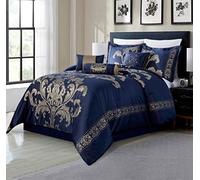 Chezmoi Collection Royale - Set di biancheria da letto in tessuto jacquard, motivo floreale, 7 pezzi, oversize, blu navy/oro