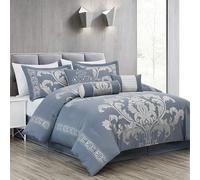 Chezmoi Collection Royale - Set di biancheria da letto in tessuto jacquard, motivo floreale, 7 pezzi, per letto king size, colore: blu/grigio