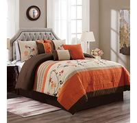 Chezmoi Collection Serene - Set di biancheria da letto con ricamo floreale autunnale, 7 pezzi, California King, arancione/marrone/tortora