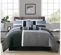 Chezmoi Collection Upland - Set copripiumino trapuntato patchwork, 7 pezzi, colore: grigio/azzurro/antracite, per letto king-size