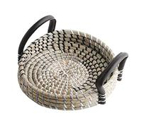 CHFYIJYHM Serving Tray Country Style Breakfast Basket Leather Handle Food Trays Round Bread Basket(Gray Black,21 * 4.5cm)