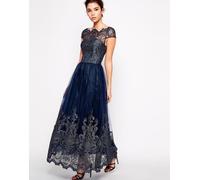 CHI LONDON Amara Navy Tulle Maxi Abito Taglia UK10 EUR38 US6
