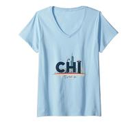 Chi Town Skyline Urbano Orgoglio per Gli Amanti della Città Maglietta con Collo a V, Donna, Celeste, L