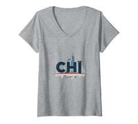Chi Town Skyline Urbano Orgoglio per Gli Amanti della Città Maglietta con Collo a V, Donna, Grigio Melange, XXL