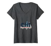 Chi Town Skyline Urbano Orgoglio per Gli Amanti della Città Maglietta con Collo a V, Donna, Grigio Scuro, XL