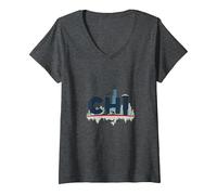 Chi Town Skyline Urbano Orgoglio per Gli Amanti della Città Maglietta con Collo a V, Donna, Grigio Scuro, L