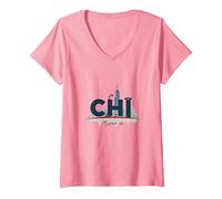 Chi Town Skyline Urbano Orgoglio per Gli Amanti della Città Maglietta con Collo a V, Donna, Rosa, M