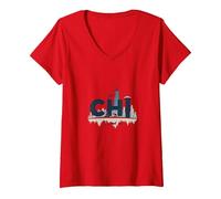 Chi Town Skyline Urbano Orgoglio per Gli Amanti della Città Maglietta con Collo a V, Donna, Rosso, L