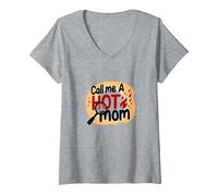 Chiamami Una Mamma Calda ardente Divertente Umorismo maternità Maglietta con Collo a V, Donna, Grigio Melange, XL