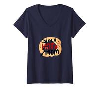 Chiamami Una Mamma Calda ardente Divertente Umorismo maternità Maglietta con Collo a V, Donna, Navy, M