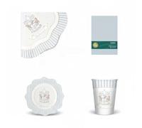 CHIANESE Set Coordinato Tavola Battesimo Tema Cartlino Celeste 29 Pezzi per 6 Persone con Piatti Bicchieri Tovaglioli e Tovaglia