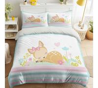 Chiaro Copripiumino, Cerbiatto Fiori Cuori Dormiente Copripiumini, Cartoon Illustrazione Dolce Reversibile Copripiuminos, Romantico Giocoso A righe Facile Da Pulire für Ragazzi & Ragazze - 200 x 200