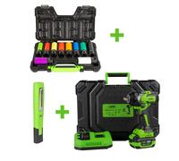 CHIAVE BRUSHLESS A BATTERIA 1/2 + SET DI 10 BUSSOLE PNEUMATICHE 1/2" + AMPADA DA