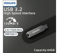 Chiavetta USB 64GB PHILIPS, unità USB 2.0, memoria USB portatile, disco di memoria, design girevole 32G,64G,128G,256GB,512GLega di zinco