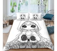 chibi girl hoodiecopripiumino microfibra 3 pezzi motivo 3D con cerniera black white art style Set Di Copripiumino incluso federe aiosa morbida for ragazzi Single（140x200cm）
