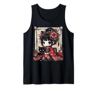 Chibi Kimono Ragazza Gatto Nero Fiori Arte Giapponese Donne Bambini Canotta