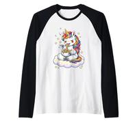 Chibi Unicorno Mangia Arcobaleno Spaghetti Pasta Grafica Maglia con Maniche Raglan