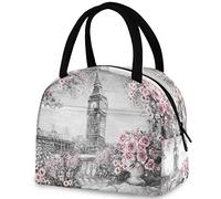 Chic Beautiful London Big Ben Flowers Borsa riutilizzabile per il pranzo con tasca frontale Chiusura a cerniera Borsa termica termica isolata per uomo Donna Lavoro Picnic Viaggi Spiaggia Pesca