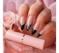 Chic Bowtie Noir - Unghie con punta francese, 24 misure per una vestibilità perfetta, materiale di alta qualità, con accenti di nastro rosa, elegante fiocco nero, bordo nero lucido