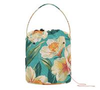 Chic Daffodil Flowers Pattern Teal Crochet Tote Bag con fori Filato Storage Tote per ferri da maglia accessori para tejer
