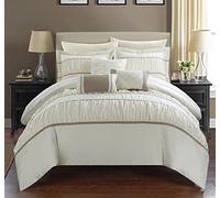 Chic Home Cheryl Set Completo da 10 Pezzi Borsa, Plissettato, Increspato, Biancheria da Letto con Lenzuola e Cuscini Decorativi Inclusi, Microfibra, Beige, King
