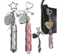 Chic Lip Gloss Holder with Mirror,2 in 1 lipstick holder keychain,Small Bling Crystal Lipsticks Storage Bag Key Chain,Stainless Steel Mesh Bag Keychain Pendant (Heart+Five-Pointed Heart)