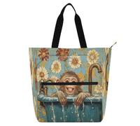 Chic Rhesus Monkey Macaque Retro Vasca da bagno per bambini Libro Borsa per bambini Studenti Adulti Grande Borsa della spesa con Cerniera per la scuola e il tempo di gioco arcobaleno