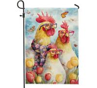 Chic Spring Summer Chicken Garden Flag, colorato Gallo Occhiali Tulipani Decorazione Esterna Striscione, Doppio Lato Juta Yard Bandiera Home Accents Decorazione 30,5 x 45,7 cm