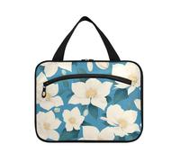Chic White Clematis Flowers Teal Sfondo Hanging Large Toiletry Bags per le donne con gancio, designer carino organizzatore cosmetico per le donne viaggio viaggio bolso para maquillaje de Mujer L